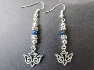 filigree bird earrings with blue crystals   tibetan silver  