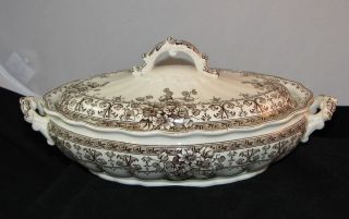 Antique 1892 Keeling & Co OXFORD Oval Covered Vegetable Dish BROWN 