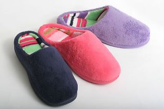 WOMENS COZY STRIPED CLOG HOUSE BEDROOM SLIPPERS SHOES NAVY, CORAL PINK 