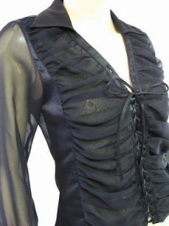   FONTAINE Black Sheer Lace Up Ruched Sexy Ingrid Top Blouse France 2