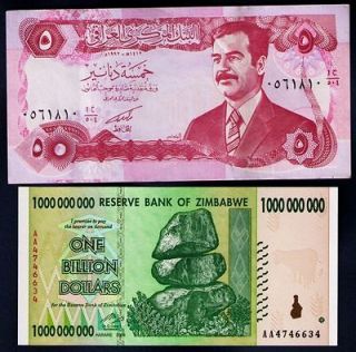 BILLION ZIMBABWE DOLLARS + 5 IRAQ DINARS (SADDAM HUSSEIN ERA)