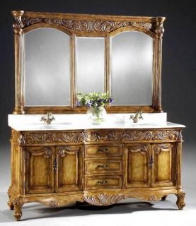 73 Double Sink Bathroom Vanity Cabinet with White Marble Top & Mirror 
