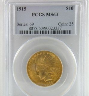 US 1915 $10 AMERICAN GOLD EAGLE INDIAN COIN MS 63 PCGS