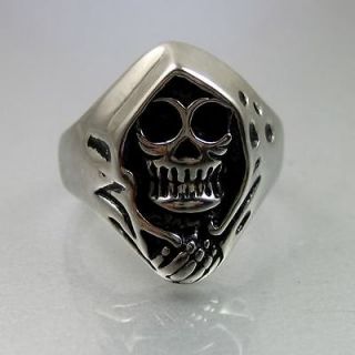 Biker Mens Black Silver Stainless Steel Grim Reaper Skull Ring Size 13