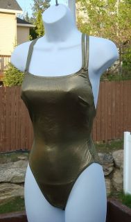 VTG 80s GOLD FOIL Body Suit High Cut Bathing Swim Suit XS #A FREE 