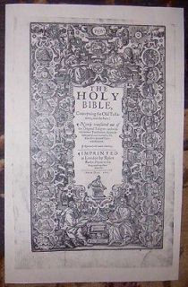 1613 King James Folio Bible General Title in facsimile on HANDMADE 