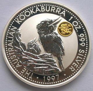 Australia 1997 Dragon Gold Mark Kookaburra 1oz Silver Coin,Proof