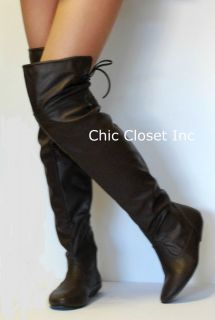 New Over The Knee High Boots Women Flat Heels Lace Back Fux Leather 