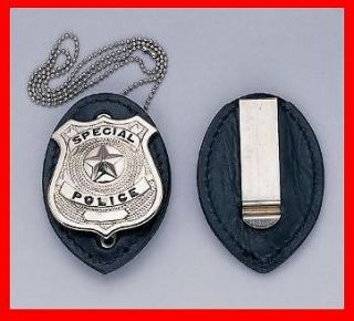leather police detective badge holder w chain clip