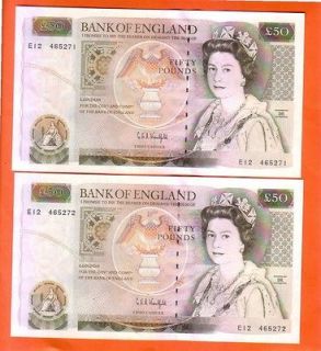   Bank of Enagland QE II 50 Pounds note UNC.Consecutive RareKentfield