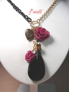   Johnson Black Waterdrop Openable Love Heart w/Red Rose Long Necklace