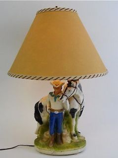   Plasto Chalkware Western Cowboy and Horse Figural Table Lamp Shade