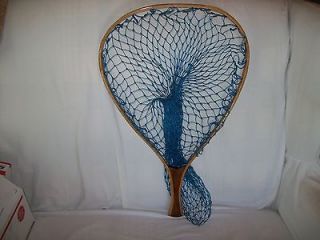 vintage wood handle landing net with blue nylon net time