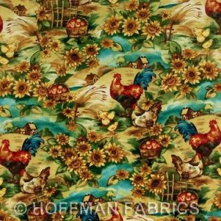 Yards Quilt Cotton Fabric  Hoffman Rooster Sunflower Farm Scene