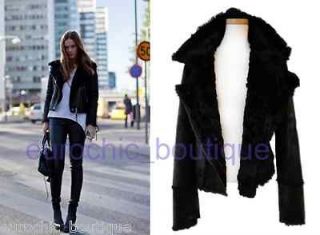 Runway Chic Military Aviator Black Shearling Faux Fur Leather Jacket