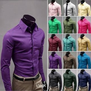 mens button front candy color slim casual shirts leisure business