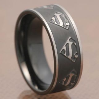   Black Satin Ridged Edges Super Man Badge Infinity Carved Wedding Ring