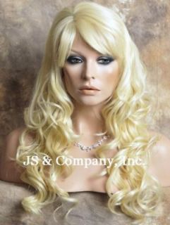 HUMAN HAIR Blend Wig Long Wavy Blonde flat iron Safe W. Bangs #613
