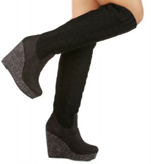 NEW Black Liliana Verona 5 Knit Knee High Wedge Suede Boots Size 5.5 