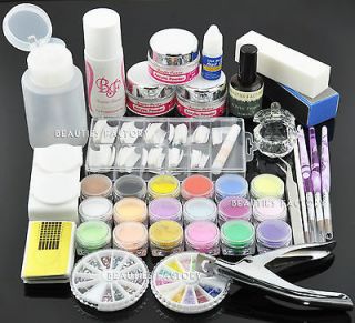 Premium Acrylic Nail Set  Powder Liquid Tip Gems Buffer Clipper Brush 