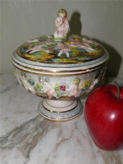 ANTIQUE CAPODIMONTE HAND PAINTED CHERUB PEDESTAL COVERED CANDY DISH 
