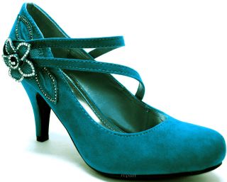 New womens shoes teal blue suede like flower rhinestones stilettos 