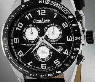 OMIKRON MENS SWISS MADE BLACK Ivory Wht CHRONOGRAPH DAY DATE LEATHER 