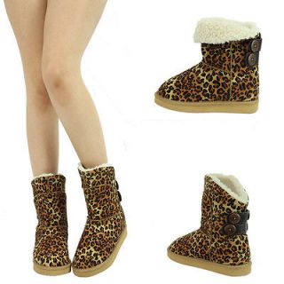 LEOPARD ROUND TOE WHITE SHEARLING CUFF SNOW WINTER FLAT ANKLE BOOT 