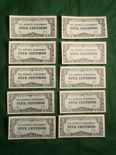 WWII Japanese Occupation Of Philippines 5 Centavos Notes UNC