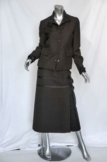 MIU MIU Brown Wool Tweed+Black Trim Jacket+Long A Line Kilt Skirt SUIT 