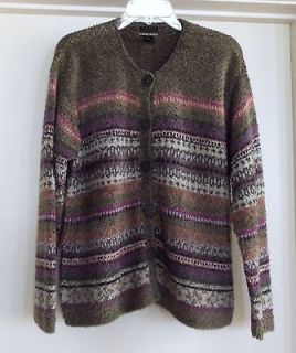 Sigrid Olsen Sport Furry Cardigan Sweater Taupe w/Colorful Design 