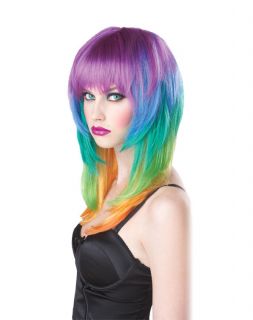 NEW Rainbow Rocker Straight Wig with Bangs Purple/Blue/Gr​een/Yellow 