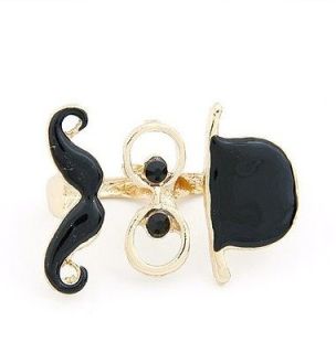 R1661 Gold Metal Rhinestone Black Enamel Hat Glasses Moustache Double 