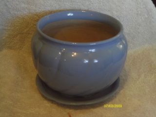 NEW Large Blue Pottery Flower Bowl with Attached Drip Plate Really 
