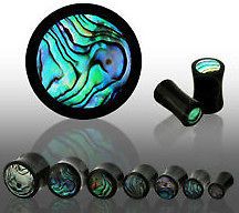 BLACK ORGANIC HORN W/ ABALONE SHELL INLAY EAR GAUGES PLUGS TUNNELS 