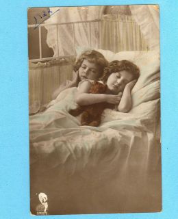 1910s Old Real Photo Postcard 2 Pretty Girls in BED w/nice TEDDY BEAR
