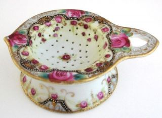 Nippon Porcelain Tea Strainer Hand Painted Pink Roses Moriage