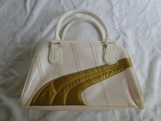   Beige, Pink, Gold Patent Leather Puma Logo Zipper Satchel Handbag Bag