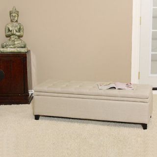 Tufted Top Sand Shade Linen Upholstered Storage Ottoman Bench