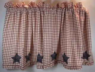 Country Red Cream Plaid Stenciled Navy Star Liberty Lined Curtain 