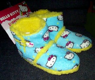 WOMENS SLIPPERS SIZE SMALL 5 6 HELLO KITTY BLUE YELLOW HOUSE SHOES 