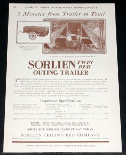   MAGAZINE PRINT AD, SORLIEN TWIN BED OUTING CAR TRAILER, TENT CAMPING