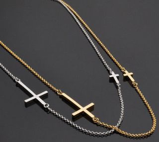 New Gold Silver Plated Horizontal Sideways Double Cross Chain Necklace 
