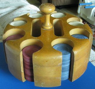 174 vintage clay poker chips hardwood caddy carousel from canada