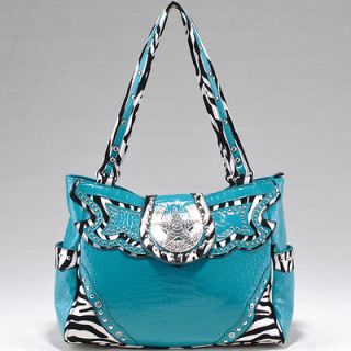   Zebra Print & Croco Shoulder Bag w/ Rhinestone Star Accent   Blue