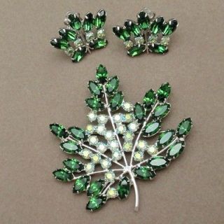 Leaf Set 2 Shades of Green Rhinestones Pin & Earrings Vintage B. David