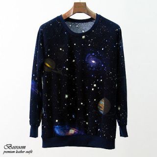   galaxy space print long sleeve sweater knit top round t shirt Navy S M