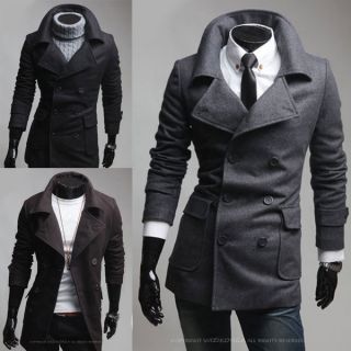 Slim Wool Winter Trench button Coat Outwear Overcoat Jacket Coffee 