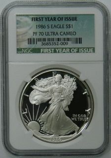 1986 S NGC PF70 ULTRA CAMEO PROOF SILVER DOLLAR COIN, FIRST YEAR OF 