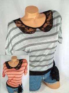 Gray Coral striped black lace cropped junior S M blouse top shirt new 